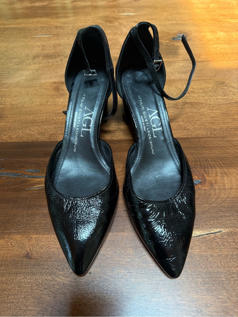 AGL Black Patent Pointed-Toe Ankle-Strap Pumps
